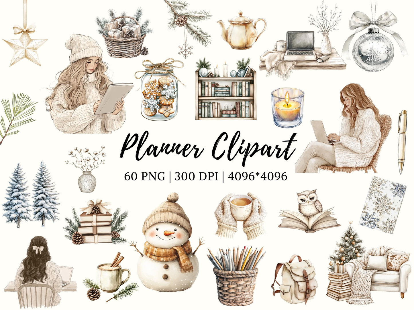 Planner Clipart png Bundle, Watercolor Planner Girl Clipart, Winter Season, Cuteness Clipart, Planner Lover Clipart, Planner Elements png