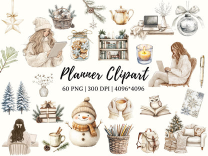 Planner Clipart png Bundle, Watercolor Planner Girl Clipart, Winter Season, Cuteness Clipart, Planner Lover Clipart, Planner Elements png