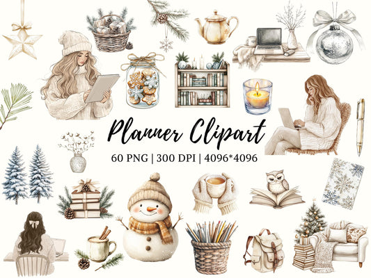 Planner Clipart png Bundle, Watercolor Planner Girl Clipart, Winter Season, Cuteness Clipart, Planner Lover Clipart, Planner Elements png
