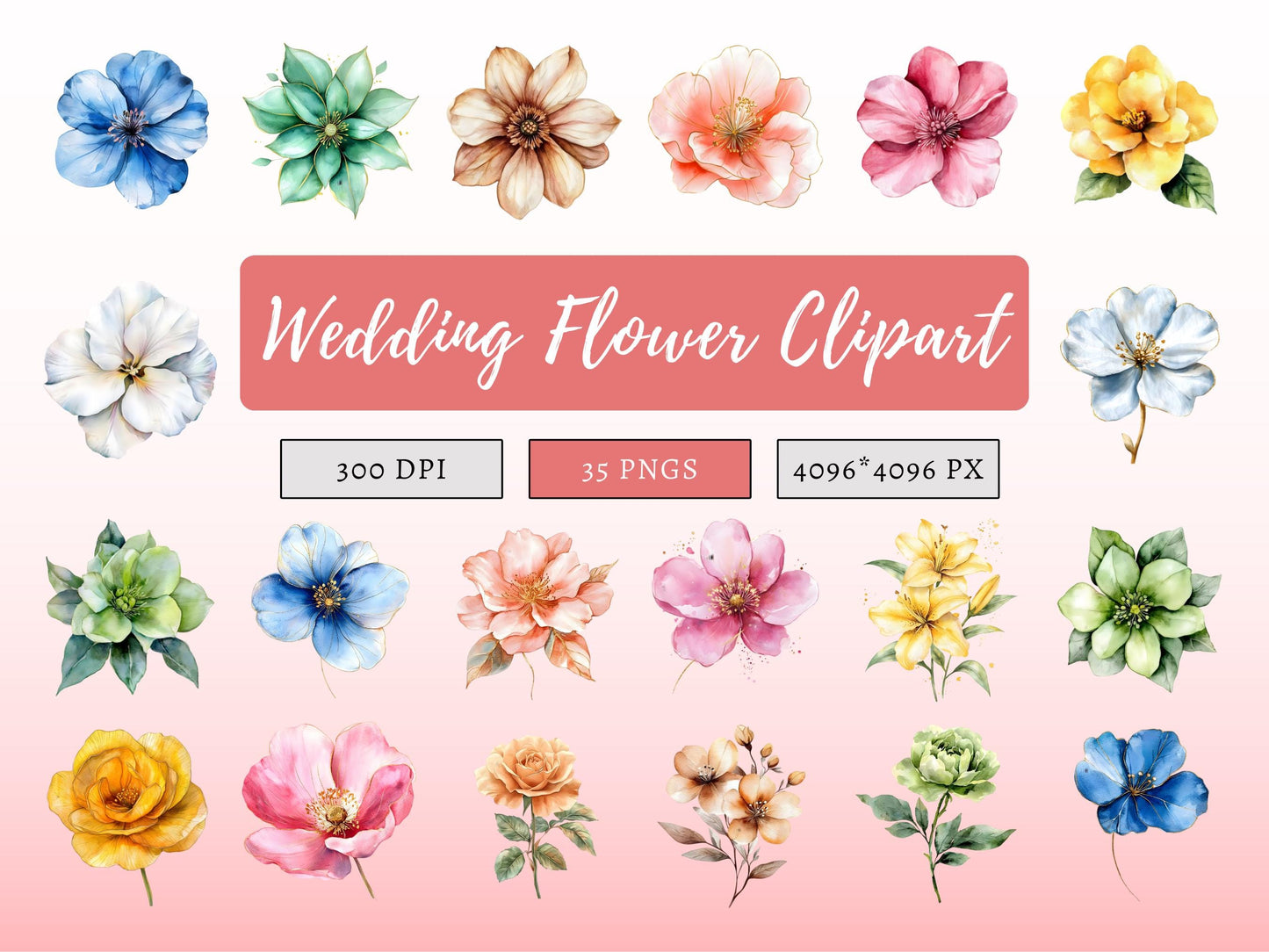 Ensemble d'images clipart de fleurs de mariage, Ensemble d'images clipart de fleurs abstraites, Fleurs à imprimer, Images clipart de fleurs png, Images clipart florales aquarelle