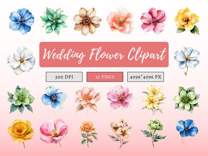 Ensemble d'images clipart de fleurs de mariage, Ensemble d'images clipart de fleurs abstraites, Fleurs à imprimer, Images clipart de fleurs png, Images clipart florales aquarelle