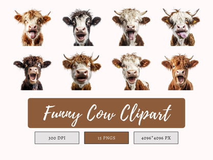 15 Funny Cow Clipart Bundle png, Funny Cow Clipart, Cow Clipart, Cow Head Clipart, Cow png, Cute Cow Clipart, Crazy Cow Clipart Bundle