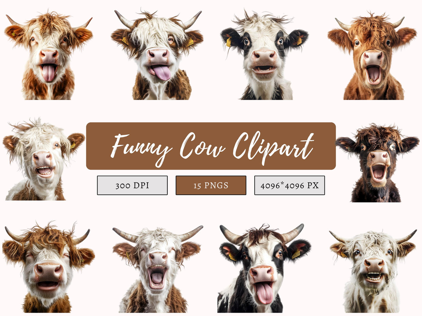 15 Funny Cow Clipart Bundle png, Funny Cow Clipart, Cow Clipart, Cow Head Clipart, Cow png, Cute Cow Clipart, Crazy Cow Clipart Bundle