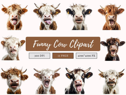 15 Funny Cow Clipart Bundle png, Funny Cow Clipart, Cow Clipart, Cow Head Clipart, Cow png, Cute Cow Clipart, Crazy Cow Clipart Bundle