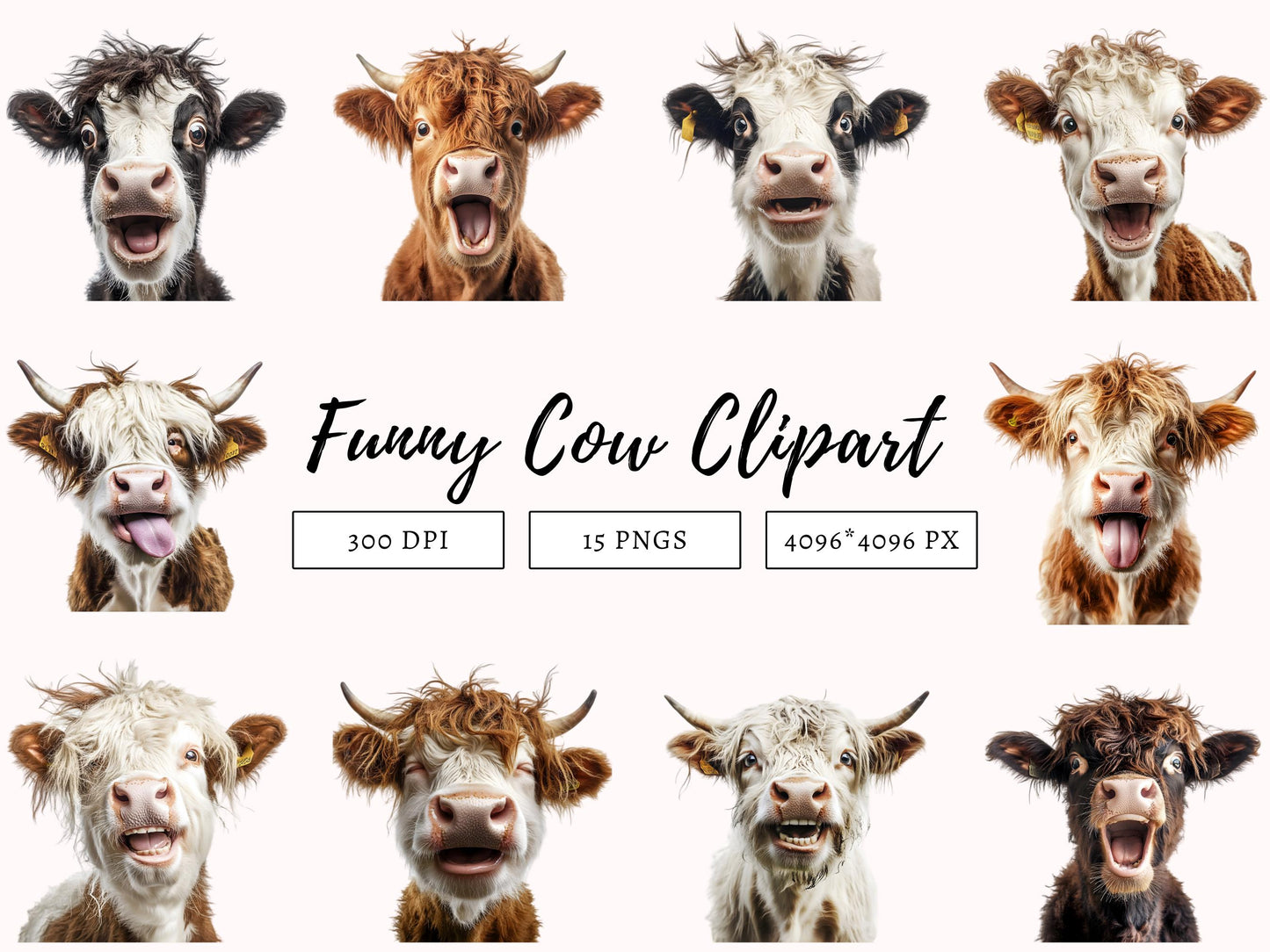 15 Funny Cow Clipart Bundle png, Funny Cow Clipart, Cow Clipart, Cow Head Clipart, Cow png, Cute Cow Clipart, Crazy Cow Clipart Bundle