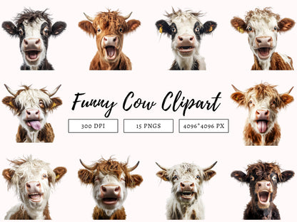15 Funny Cow Clipart Bundle png, Funny Cow Clipart, Cow Clipart, Cow Head Clipart, Cow png, Cute Cow Clipart, Crazy Cow Clipart Bundle