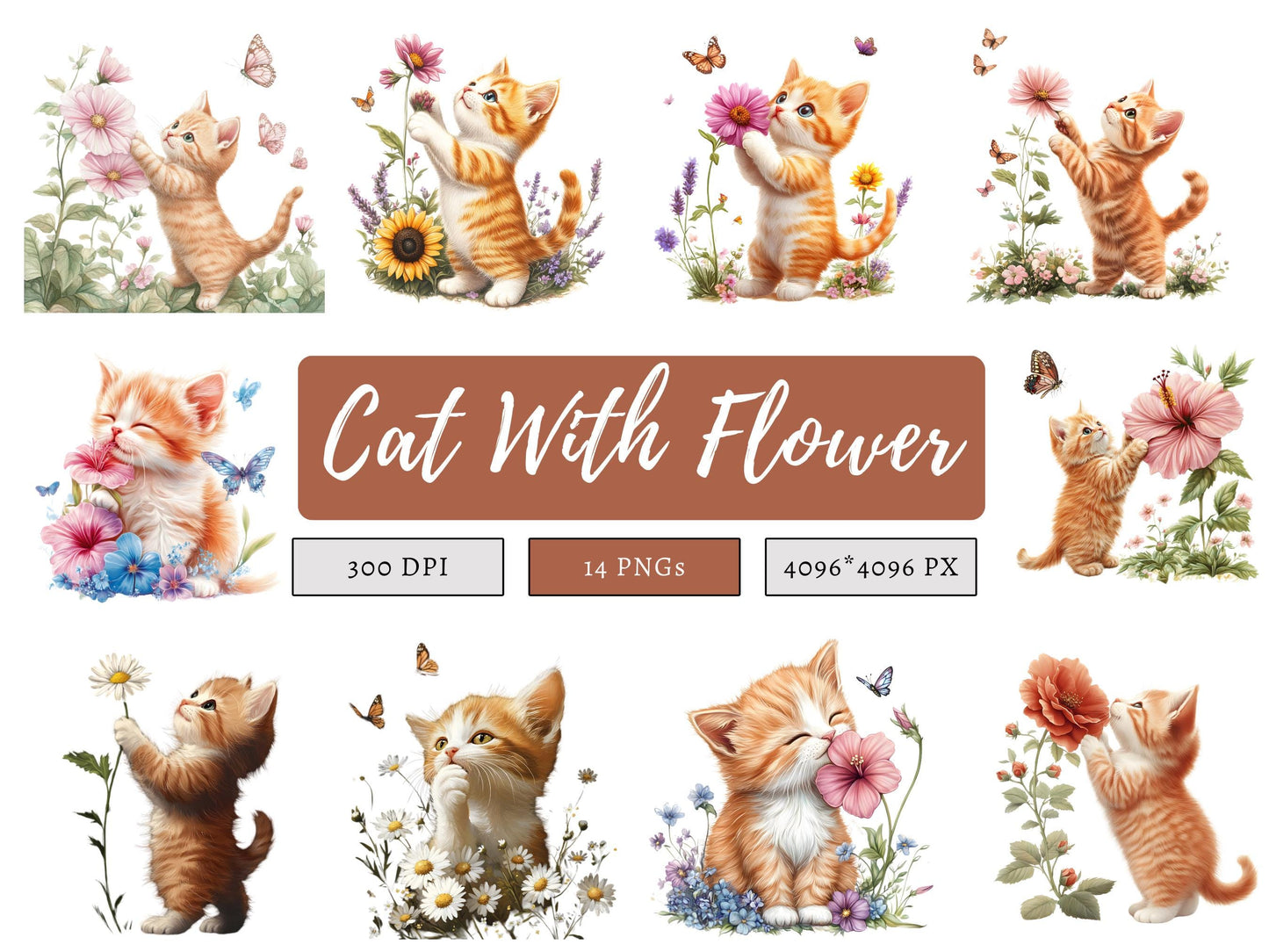 Sweet Cat Clipart Bundle, Cute Cat With Flower Clipart, Kitten Clipart Bundle, Baby Cat Clipart, Cat Clipart, Printable Cartoon Clipart