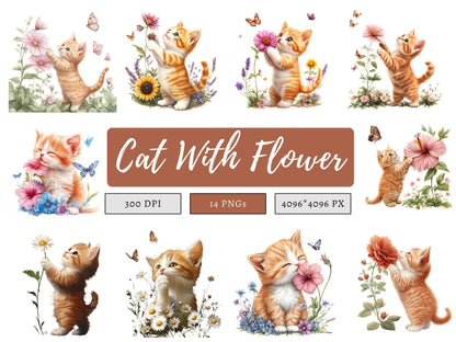 Sweet Cat Clipart Bundle, Cute Cat With Flower Clipart, Kitten Clipart Bundle, Baby Cat Clipart, Cat Clipart, Printable Cartoon Clipart