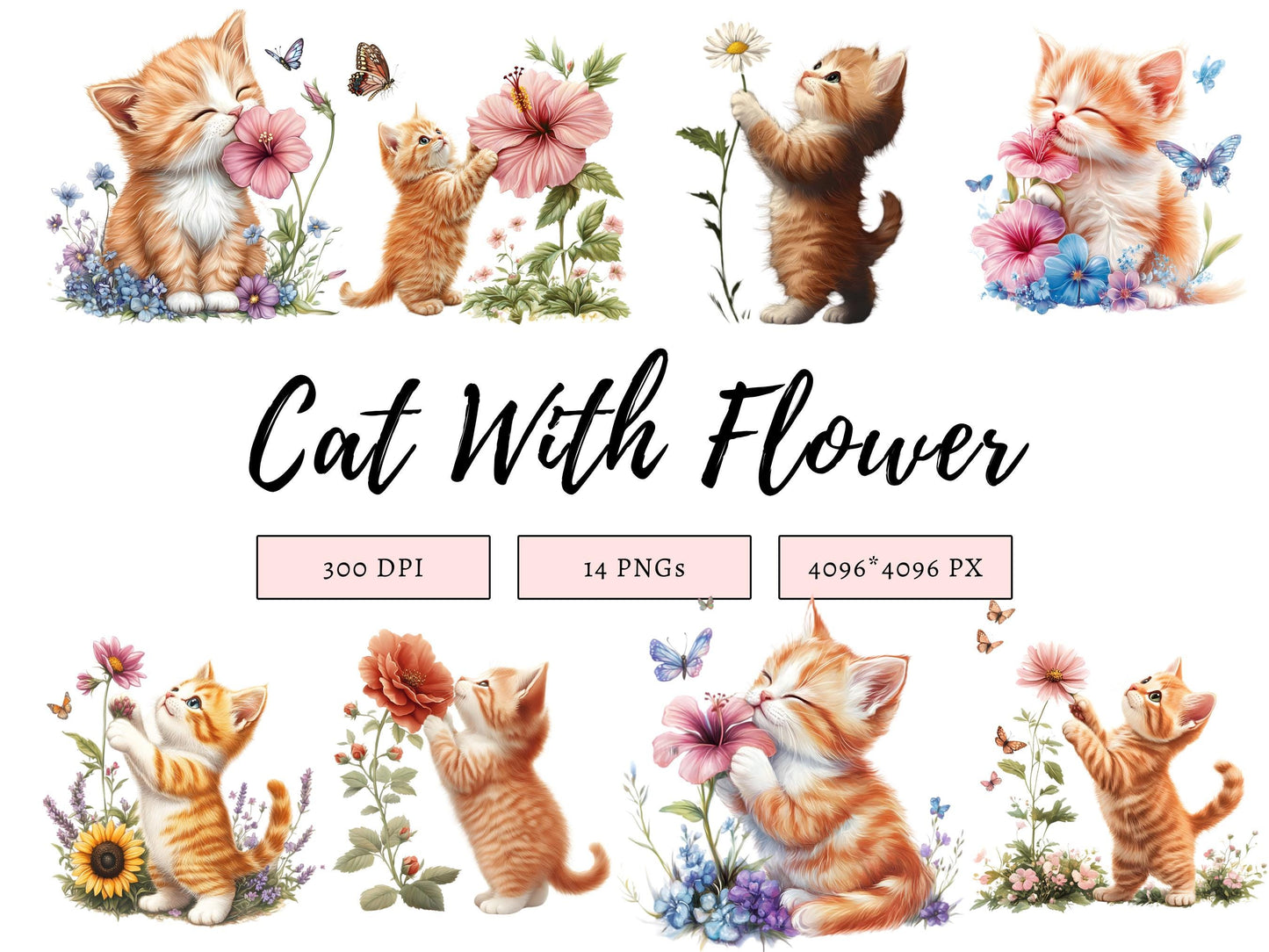 Sweet Cat Clipart Bundle, Cute Cat With Flower Clipart, Kitten Clipart Bundle, Baby Cat Clipart, Cat Clipart, Printable Cartoon Clipart