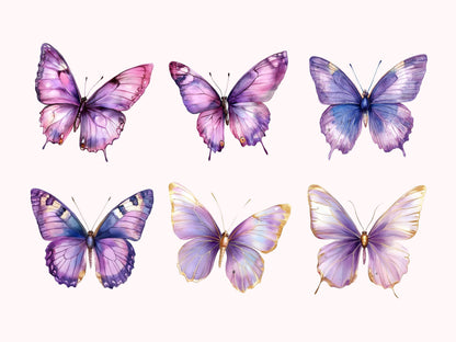 Clipart-Bundle mit lila Schmetterlingen, Aquarell-Schmetterlings-Clipart-Bundle (PNG), Gartenblumen-Clipart, Fliederfarbene Schmetterlings-Clipart