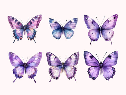 Clipart-Bundle mit lila Schmetterlingen, Aquarell-Schmetterlings-Clipart-Bundle (PNG), Gartenblumen-Clipart, Fliederfarbene Schmetterlings-Clipart