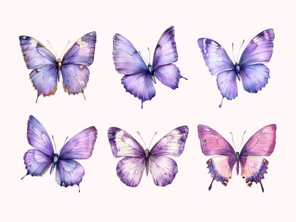 Clipart-Bundle mit lila Schmetterlingen, Aquarell-Schmetterlings-Clipart-Bundle (PNG), Gartenblumen-Clipart, Fliederfarbene Schmetterlings-Clipart