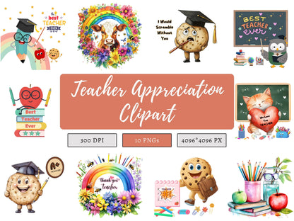 Teacher Appreciation Clipart Bundle png, Watercolor Teacher Appreciation Clipart, Retro Teacher pg Bundle, Teacher png, Digital Download