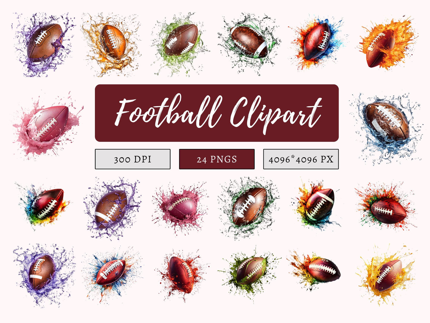 Watercolor Football Clipart Bundle png, Football Collection Clipart, Football Clipart, Football Printable Clipart, Football png Bundle