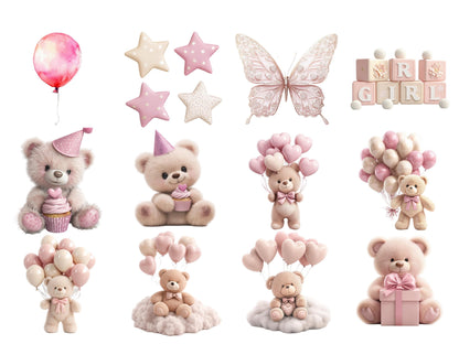 Teddybär-Clipart (PNG), Rosa Teddybär-Clipart-Bundle (PNG), Aquarell-Teddybär-Clipart, Babyparty-Clipart, Niedliche Teddybär-Clipart