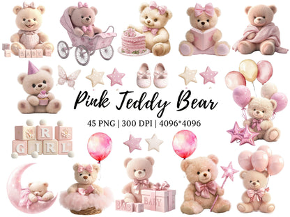 Teddybär-Clipart (PNG), Rosa Teddybär-Clipart-Bundle (PNG), Aquarell-Teddybär-Clipart, Babyparty-Clipart, Niedliche Teddybär-Clipart