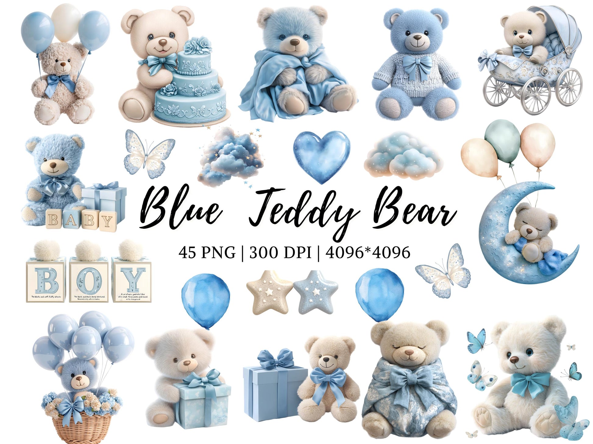 DIY Download Blue Teddy Bear Clipart Bundle