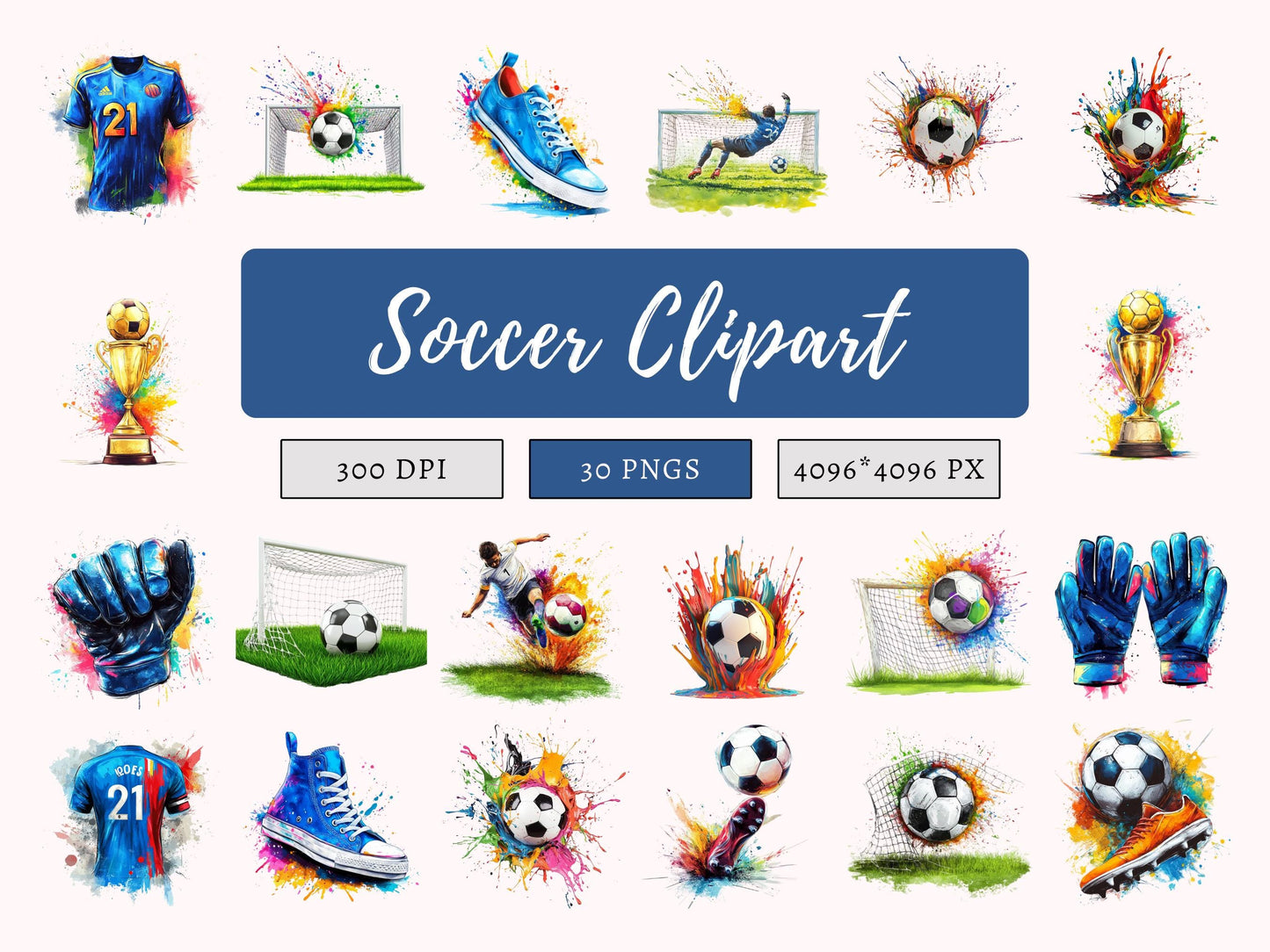 Soccer Clipart Bundle png, Watercolor Soccer Clipart png, Soccer Clipart, Football Clipart, Watercolor Football Clipart, Digital Download