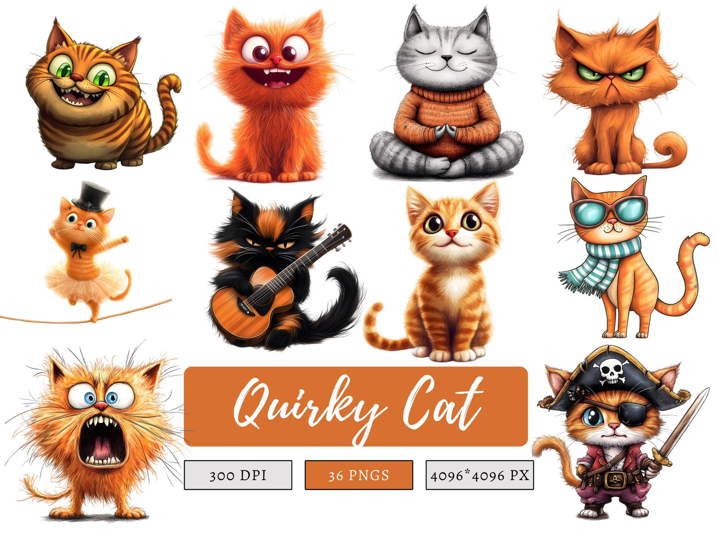 Skurrile Katzen-Clipart-PNG-Bundle, Katzen-Clipart (PNG), Lustige Katzen-Clipart, Niedliche Katzen-Clipart, Verspielte Katzen-Clipart, Niedliche Tier-Clipart, Verspielte Katze
