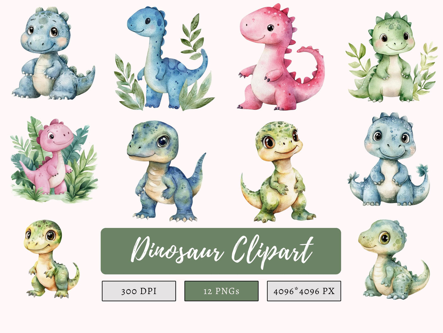 Niedliche Dinosaurier-Cliparts, Baby-Dinosaurier-Cliparts, süße Baby-Dinosaurier, Aquarell-Cartoon-Dinosaurier-Cliparts, Dinosaurier-Geburtstags-Cliparts