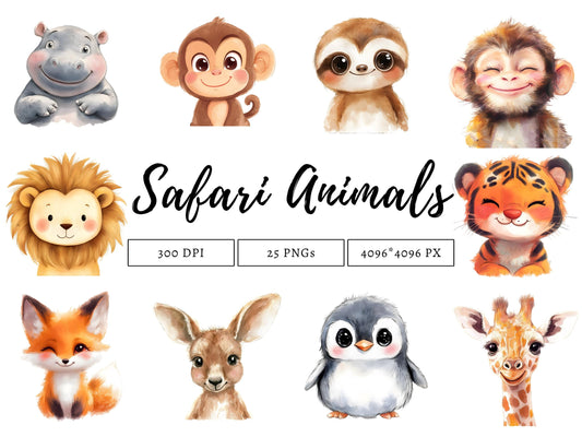 Safari Animal Clipart png Bundle, Watercolor Safari Animal Clipart, Jungle Animals Clipart, Animal Clipart, Nursery Animal Clipart png