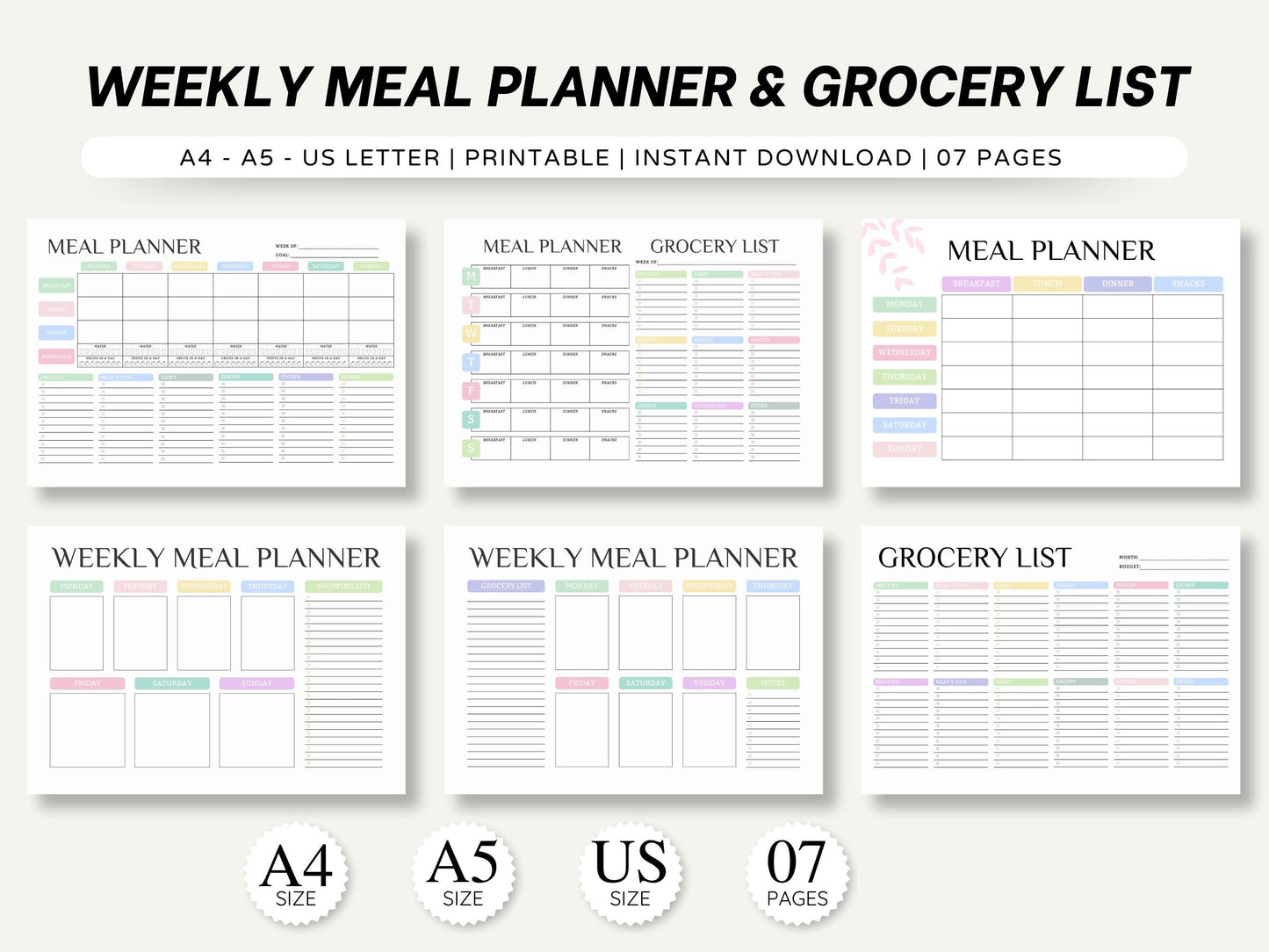 Weekly Meal Planner Printable: Grocery List, 7 Pages (Digital Download)