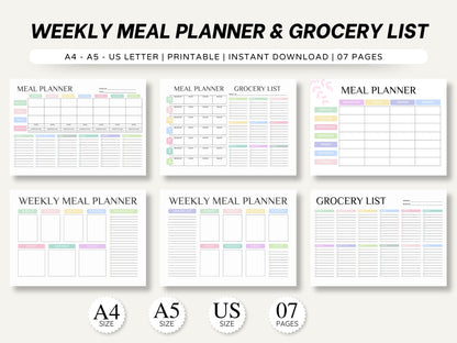 Weekly Meal Planner Printable: Grocery List, 7 Pages (Digital Download)