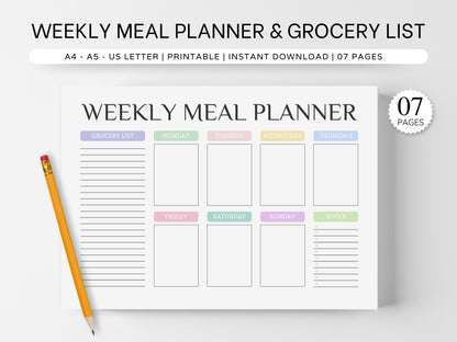 Weekly Meal Planner Printable: Grocery List, 7 Pages (Digital Download)