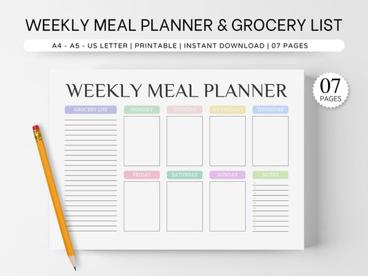 Weekly Meal Planner Printable: Grocery List, 7 Pages (Digital Download)