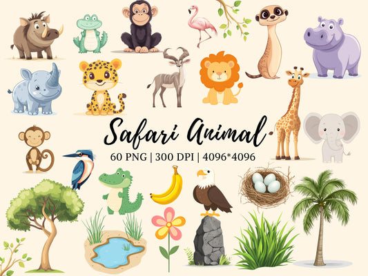 60 Safari Animal Clipart png Bundle, Watercolor Safari Animal Clipart, Cute Animal Clipart, Quirky Animal Clipart, Funny Animal Clipart