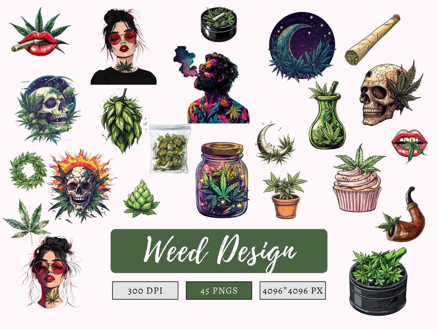 Cannabis-Clipart-Bundle (PNG), Weed-Clipart (PNG), Weed-Clipart (PNG), Cannabis-Clipart (PNG), Blatt-Clipart, Stoner-Girl-Clipart (PNG), Cannabis-Clipart