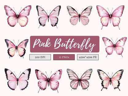Pink Butterfly Clipart Bundle png, Butterfly Clipart, Watercolor Pink Butterfly Clipart, Wall Art, Butterflies Clipart, Digital Download