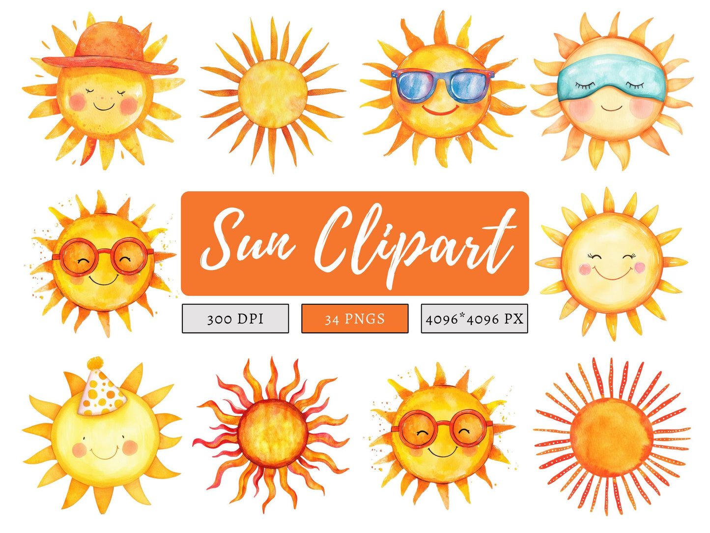 Sonnen-Clipart-Bundle (PNG), Aquarell-Sonnen-Clipart (PNG), Sonne (PNG), Niedliche Sonnen-Clipart, Sonnenaufgangs-Clipart, Sonnenschein-Clipart, Digitaler Download