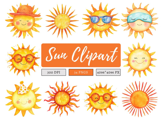 Sun Clipart png Bundle, Watercolor Sun Clipart png, Sun png, Cute Sun Clipart, Sun Rise Clipart, Sun Shine Clipart, Digital Download
