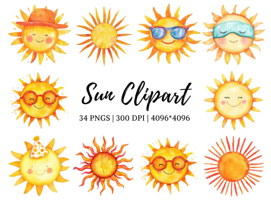 Sun Clipart png Bundle, Watercolor Sun Clipart png, Sun png, Cute Sun Clipart, Sun Rise Clipart, Sun Shine Clipart, Digital Download