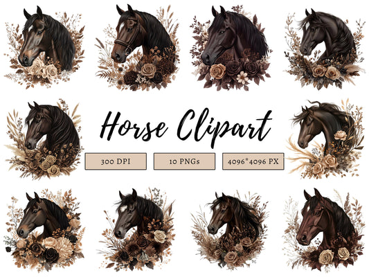 Horse Clipart png Bundle, Brown Boho Floral Horse Clipart, Floral Horse png, Watercolor HFloral Horse png, Boho Flower png, Digital Download