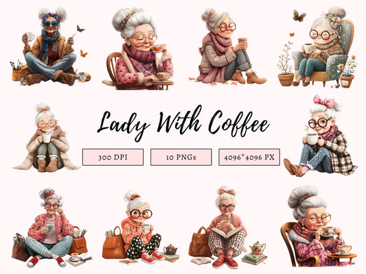 Old Lady Clipart Bundle, Funny Old Lady With Coffee Clipart png, Coffee Clipart, Coffee Lover Clipart, Senior Lady Drinking Coffee