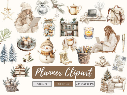 Planner Clipart png Bundle, Watercolor Planner Girl Clipart, Winter Season, Cuteness Clipart, Planner Lover Clipart, Planner Elements png