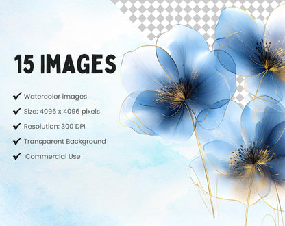 15 Watercolor Abstract Flower Clipart, PNG Bundle (Digital Download)