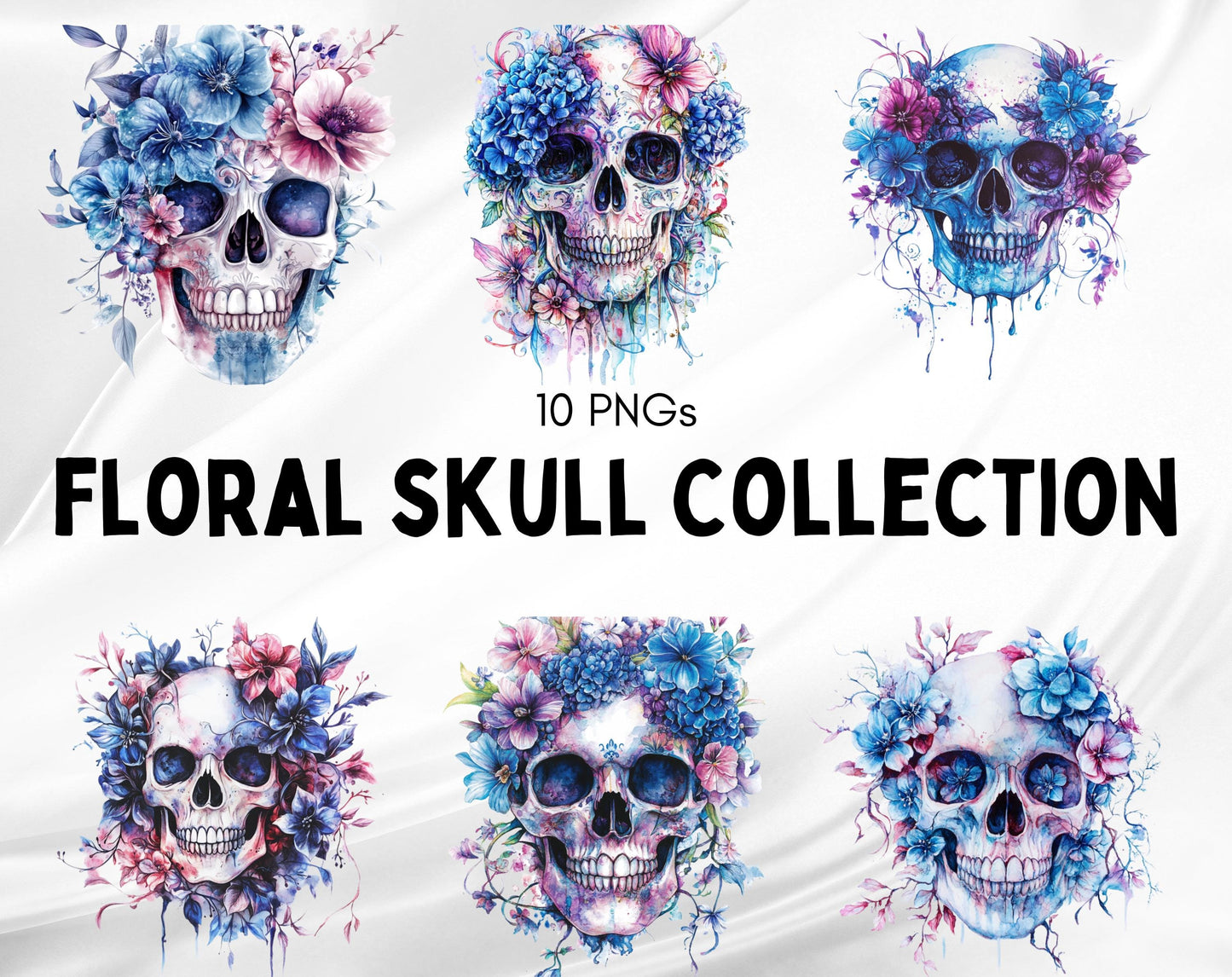 Floral Skull Clipart Bundle, Whimsical PNG Images (Digital Download)