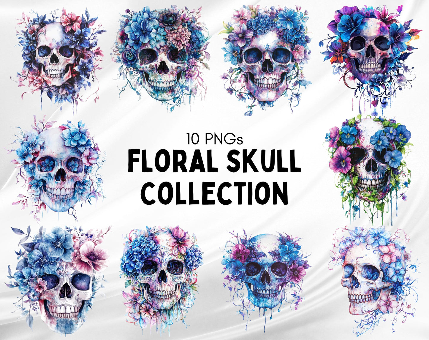 Floral Skull Clipart Bundle, Whimsical PNG Images (Digital Download)