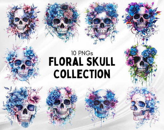 Floral Skull Clipart Bundle, Whimsical PNG Images (Digital Download)