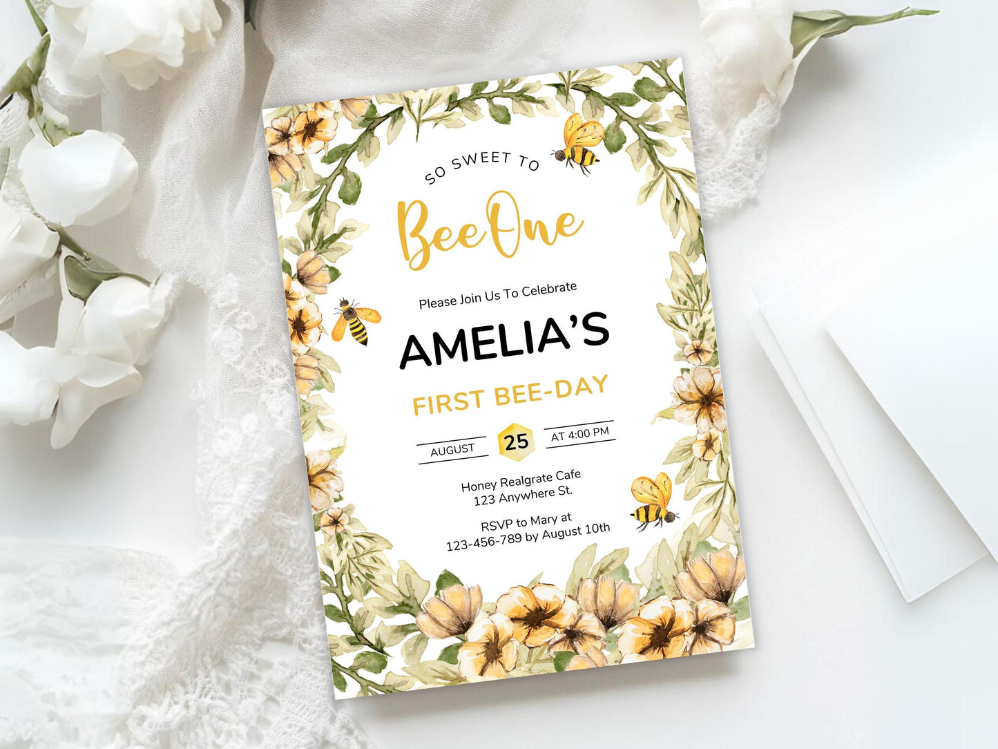 Bee First Birthday Invitation Template, Editable Canva (PDF)