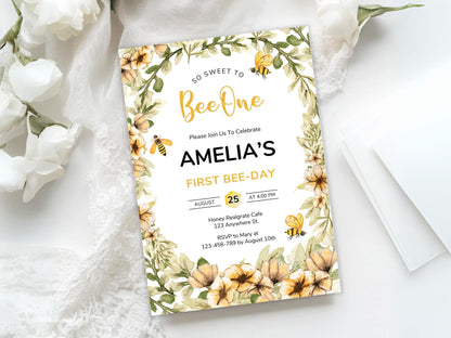 Bee First Birthday Invitation Template, Editable Canva (PDF)