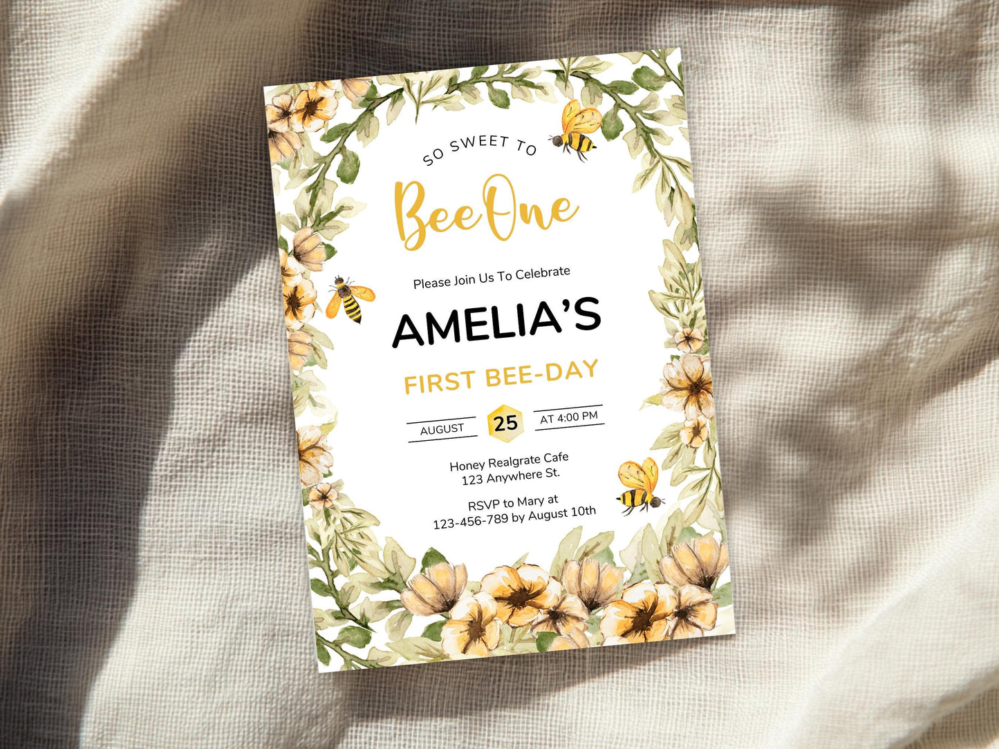 Bee First Birthday Invitation Template, Editable Canva (PDF)