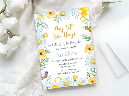 Bee 1st Birthday Invitation Template, Editable Canva (PDF)