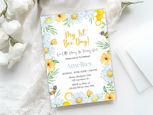 Bee 1st Birthday Invitation Template, Editable Canva (PDF)