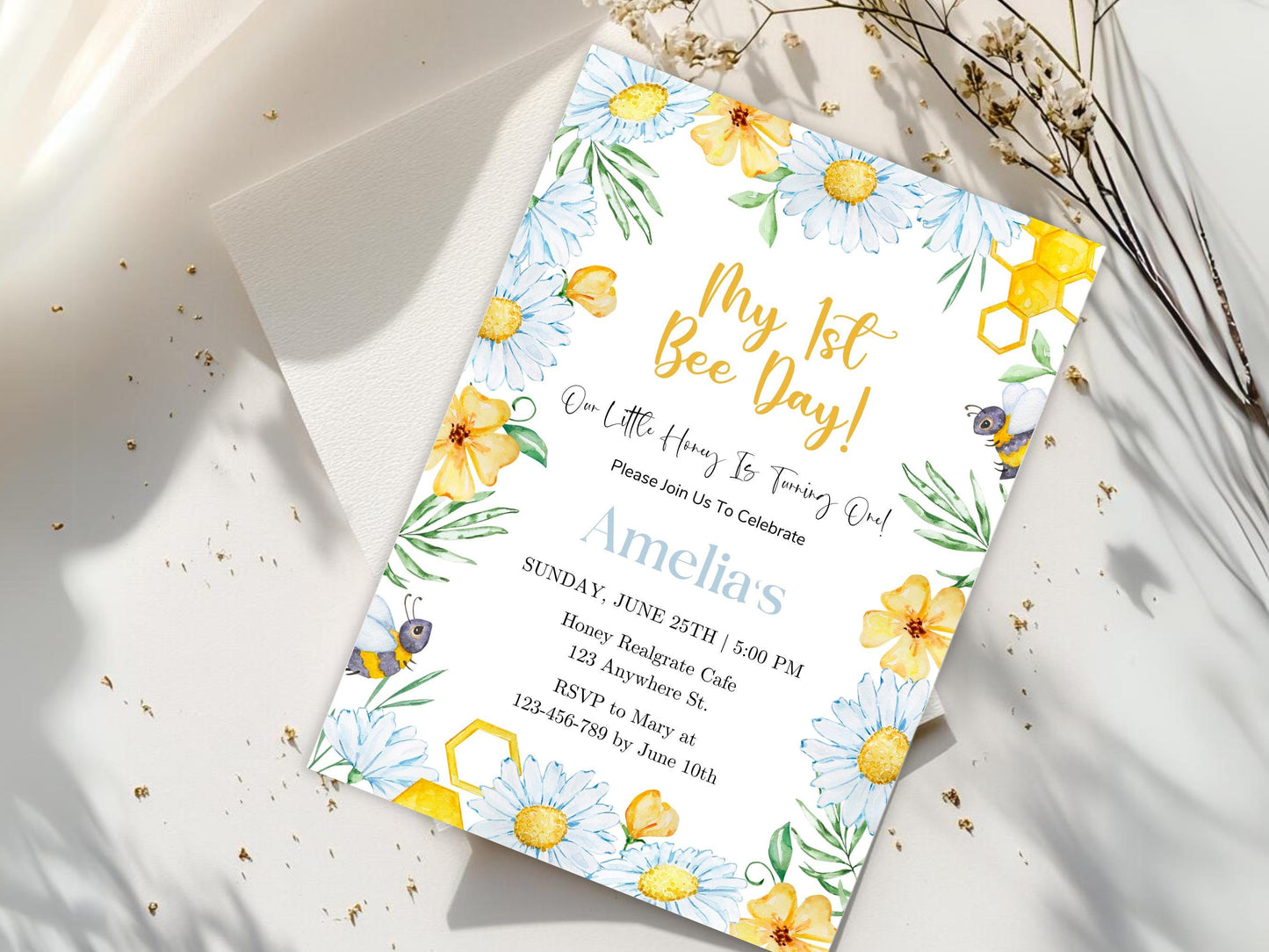 Bee 1st Birthday Invitation Template, Editable Canva (PDF)