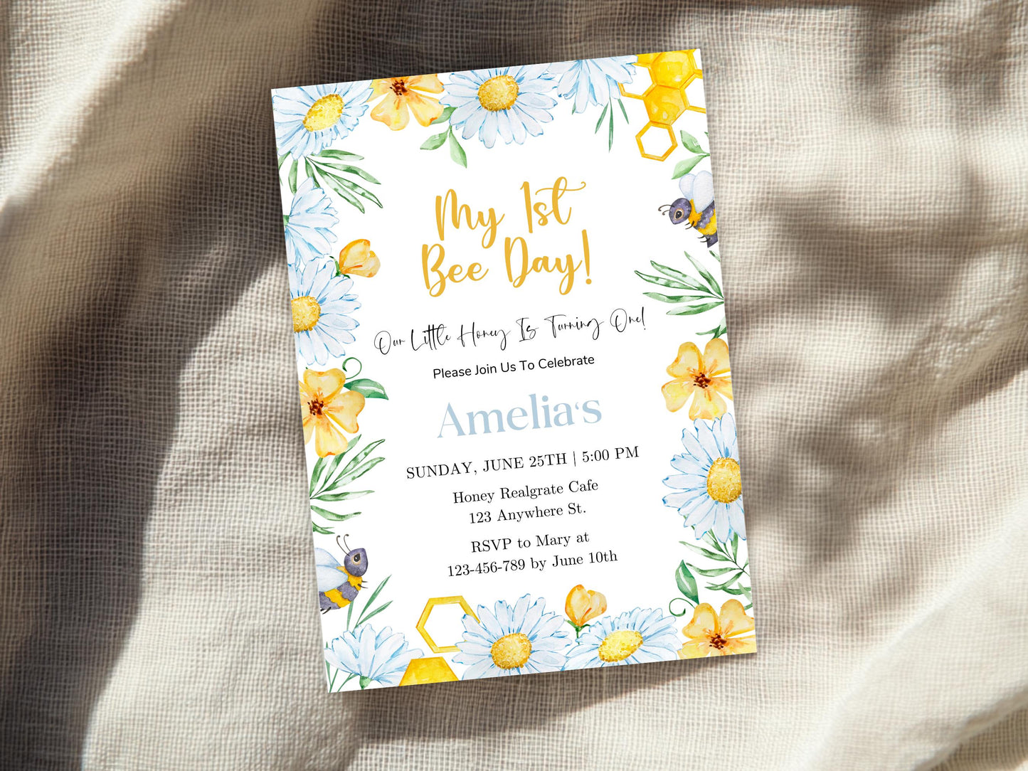 Bee 1st Birthday Invitation Template, Editable Canva (PDF)
