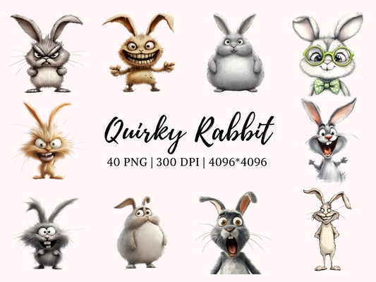 Quirky Rabbit Clipart png Bundle, Funny Rabbit Clipart, Funny Bunny Clipart, Bunny Clipart, Whimsical Bunny Clipart png, Bunnies Clipart